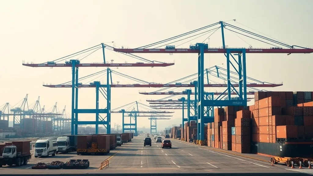 A wide shot of a modern industrial shipping port with large