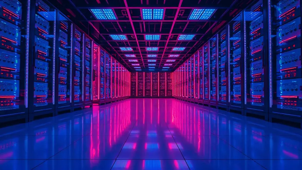 A high-tech server room with blue and red led lights reflect