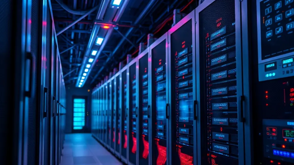 A professional high-tech server room with blue and red led l