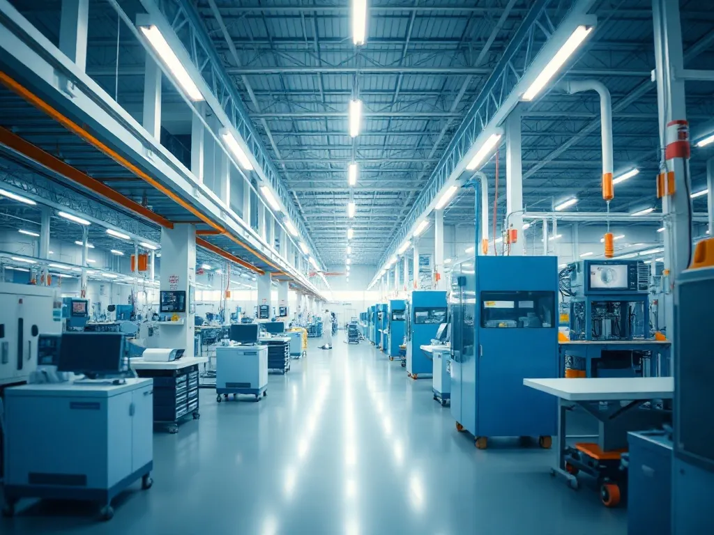 A wide shot of a clean, modern industrial manufacturing faci